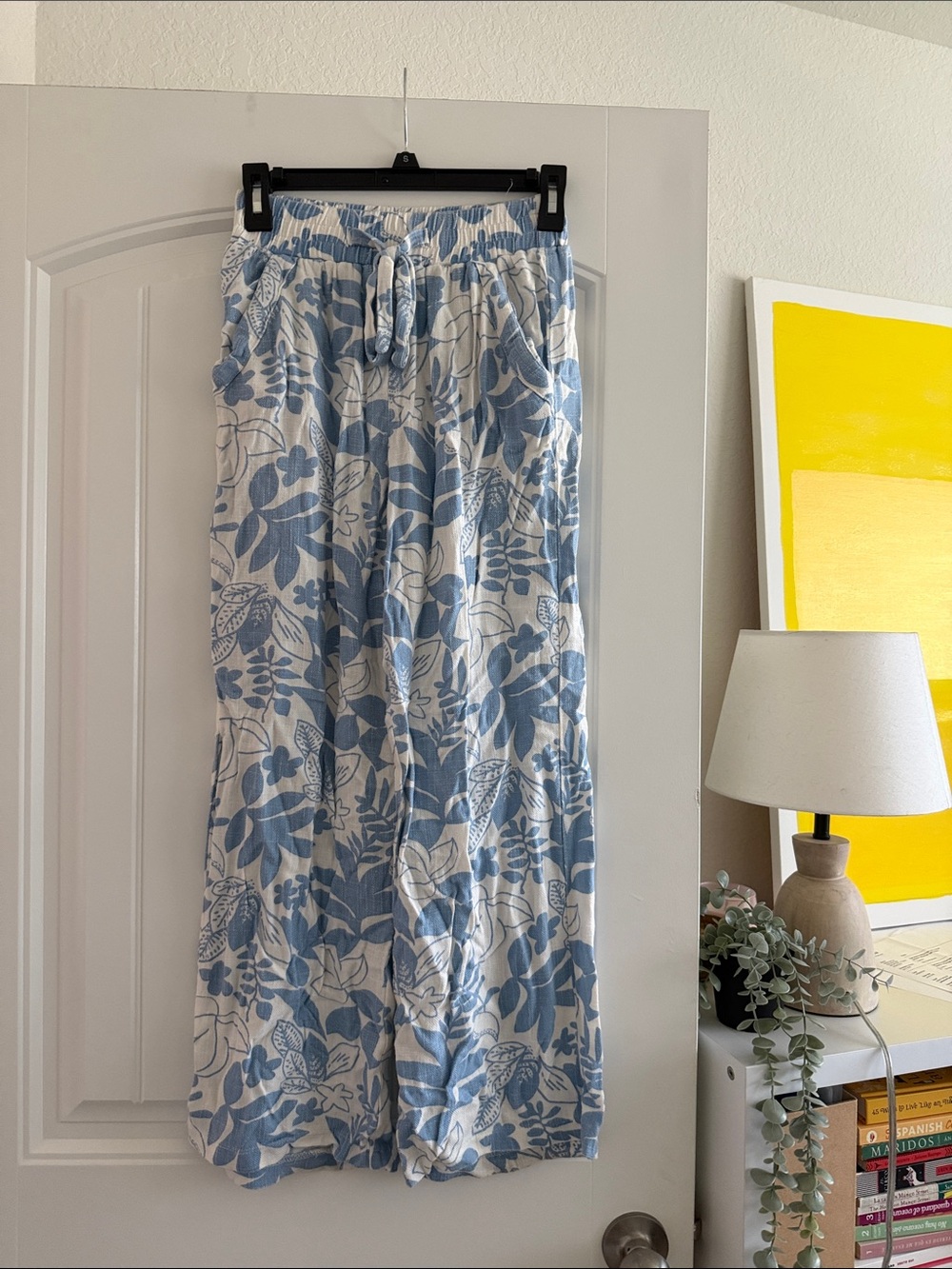 Sienna Sky Blue and White Floral Wide-Leg Trousers with Pockets